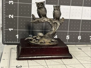 3" Pewter Owl Pair Couple on Branch Figurine with Wood Base - Picture 1 of 5