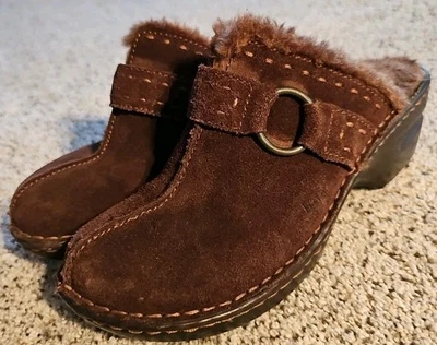 b.o.c. CLOGS SHOES WOMENS 6.5M BR0WN SUEDE 2 1/8" HEEL FAUX FUR LINED - Image 1 of 4