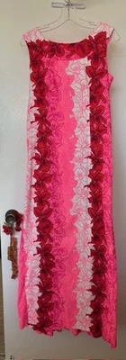 Vestido ROSA Hawaiano Psicodélico Tiki ROSA ORQUÍDEAS TELA DE CORTEZA con CAPA LARGA Talla 12 Foto 1 de 4