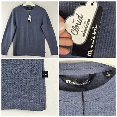 $129 Travis Mathew Small Cloud Waffle Crew Vintage Indigo Blue Nubby Nep Casual - Image 1 of 4