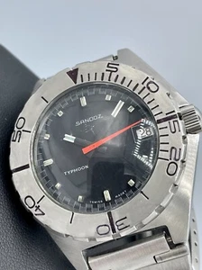 Vintage 70er Sandoz Taifun 1000m Taucher Schweiz Automatik 41 mm schwarzes Zifferblatt Armband - Bild 1 von 12