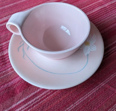 Vintage Russel Wright Design Flower Time Pink cups and saucers melamine 4 - Image 1 of 4