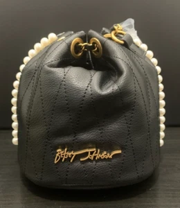 Betsey Johnson Pearl-FECT Mini Bucket Bag Quilted Drawstring Pearls Chain, Black - Picture 1 of 11