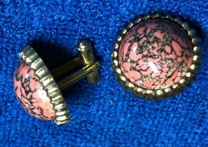 Vintage Pair Hickok Cufflinks Cuff Links faux Pink Rhodonite gold tone .75 - Picture 1 of 8