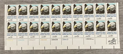US Stamp Scott 1831 ORGANIZED LABOR PROUD & FREE, Block of 20, 15 cent, MNH - Image 1 of 3