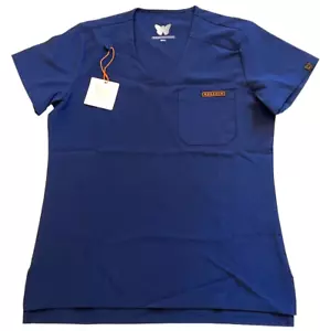 Monarch Uniforms Scrub Top Womens Small Navy V-Neck Short Sleeve Stretch Pocket - Picture 1 of 8