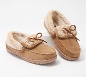 Clarks Slippers Shoes Slip On Suede Moccasin Sweater Trim Faux Fur Tan 5M NEW