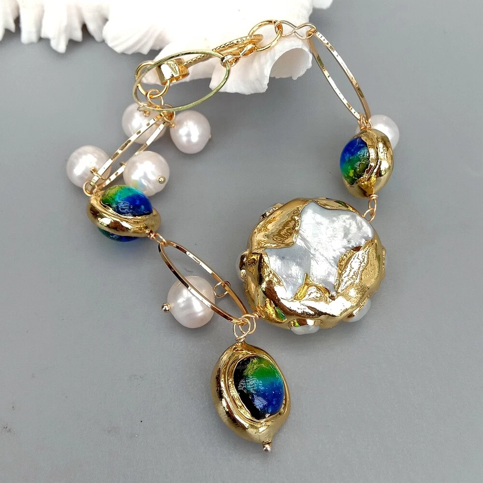 Brazalete Blanco Perla Keshi Pata Perla Azul Cristal de Murano con Borde Chapado en Oro Foto 1 de 4