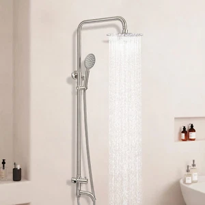 Brushed Shower Faucet Set Rainfall Shower Head Combo Set Tub Spout W/Hand Shower - Picture 1 of 19