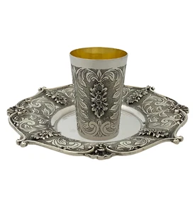 925 STERLING SILVER HANDMADE FLORAL CHASED SWIRL ORNATE MATTE & SHINY CUP & TRAY - Picture 1 of 4