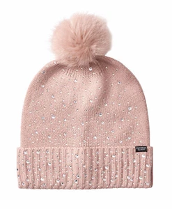 NEW VICTORIA'S SECRET PINK KNIT SPARKLE GEMS POM POM BEANIE HAT CAP WINTER WARM - Picture 1 of 7