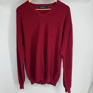 Nautica Mens Large Red Cotton V Neck Waffle Knit Sweater Long Sleeve Casual XL - Picture 1 of 8