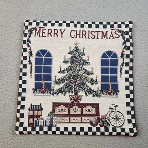 Christmas Tapestry Pillow Cover Square Merry Christmas Tree Holiday Decor VTG - Picture 1 of 5