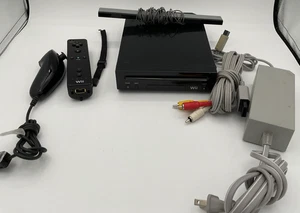 Pacchetto console Ninetendo Wii nera RVL-101 telecomando cavi sensore Nunchuck TESTATO - Foto 1 di 11