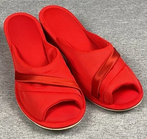 Zapatillas de nailon rojas vintage Madge’s talla mediana 6,5-7,5 cuña punta abierta zapatos de casa - Imagen 1 de 7