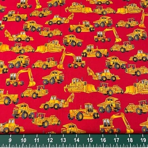 Vtg 2003 Timeless Treasures Construction Vehicles on Red Cotton by the HALF YARD - Picture 1 of 2