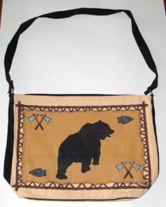 Handtasche großer Schwarzbär auf Baumwollcanvas goldener Hintergrund 13x19" Reißverschlüsse neu - Bild 1 von 2
