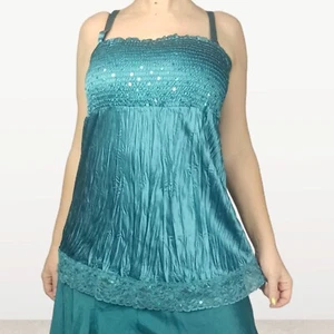 Hot Options Crinkly satin top Ladies M green sequins fairy boho shirred Mermaid - Picture 1 of 9