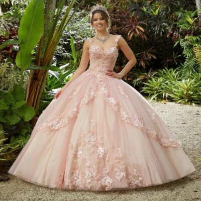 Vestido rosa Quinceanera alças de espaguete aplique de renda tule doce 15 16 - Imagem 1 de 4