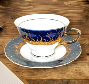 Cobalt Blue & 24kt Gold Plate Tea Cup & Saucer set of 3 handmade porcelain - Picture 1 of 6