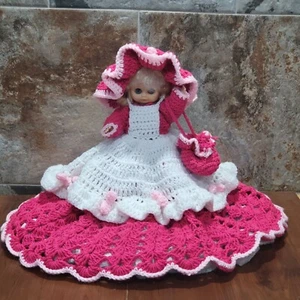 Vintage Handmade Crochet Doll Southern Belle Pink White Brunette Blue Eyes Hat - Picture 1 of 15