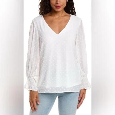 NUEVO CON ETIQUETAS Blusa Vince Camuto Manga Larga Puño Calado Clip Punto Cuello en V Marfil Grande Foto 1 de 4