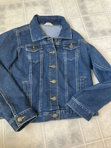 EUC Lands End Trucker Jacket Stretch Denim Youth Girl Size M 10-12 Dark Blue - Picture 1 of 4