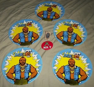 VINTAGE MR. T FIVE 7" UNUSED PAPER PLATES, 2 1/4" PINBACK & PLASTIC RING - Picture 1 of 6