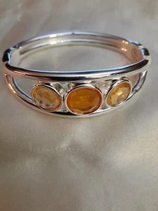 Triple Amber Bracelet Shiny Silver Tone Metal Spring Wrist Cuff Lemon Melon Tone - Picture 1 of 4