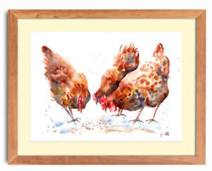 Watercolour Cute Farm Hens Painting Print from Original by ili