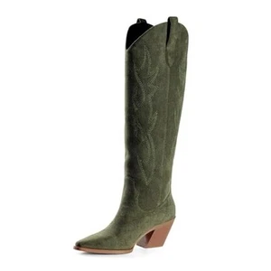 Cowgirl Boots Women Knee High Boots Pointed Toe and Block Heel Cowboy Suede - Picture 1 of 6