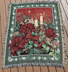 Vintage Weihnachten Weihnachtsstern Kerzen Gobelin gewebt Überwurf Decke mit Fransen - Bild 1 von 8