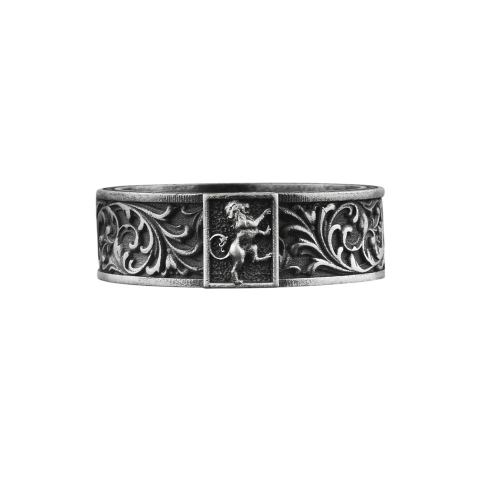 Bague bande lion rampante en argent sterling oxydé lion zodiaque hommes bijou... - Photo 1/4