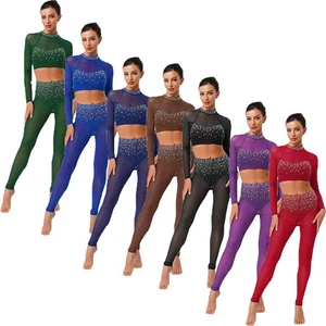 Womens Romper Performance Outfits Gymnastics Dancewear High Waist Rhinestone - Picture 1 of 95