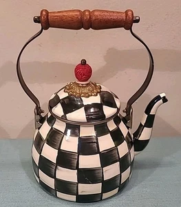 MacKenzie-Childs Courtly Check Black & White 2 Quart Enamel Tea Kettle Tea Pot - Picture 1 of 15