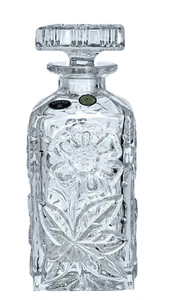 Bohemia Crystal Glass Whiskey Decanter Daisy Flower Square Topper Czech Republic - Picture 1 of 6