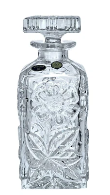 Bohemia Crystal Glass Whiskey Decanter Daisy Flower Square Topper Czech Republic - Image 1 of 4
