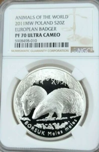 2011 POLAND SILVER 20 ZLOTYCH EUROPEAN BADGER NGC PF 70 ULTRA CAMEO PERFECTION - Picture 1 of 3