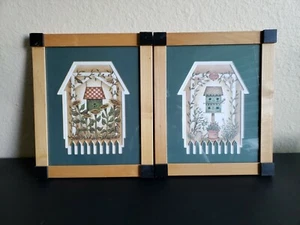 Country BIRDHOUSES Wood Framed Art Set 8 x 10 Matted Green Sunflowers Fence - Picture 1 of 12