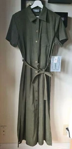 Vintage JANE ASHLEY Soft Denim Dress Olive Green Long Button Up Dress Size Large - Picture 1 of 8