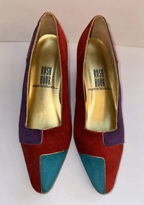 Bombas de salto geométricas vintage anos 80 hora do rush bloco multicolorido camurça tamanho 9 B coloridas - Imagem 1 de 4