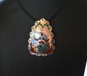 Large Vintage Navajo Thunderbird Pendant Sterling w/ Coral & Turquoise 21 grams - Picture 1 of 8