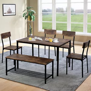 6Pc Kitchen Dining Table Chair and Bench Set Wooden Steel Frame Industrial Style - Picture 1 of 16