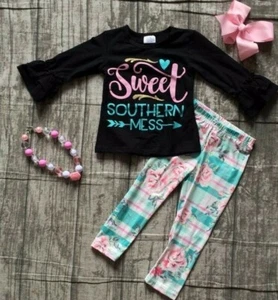 NEW Girls Boutique Outfit Set Floral Plaid Leggings and Top with Accessories Bow - Picture 1 of 7