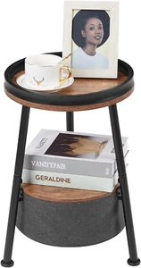 Small round End Table,2 Tier round Side Table with Storage Basket,Sofa Side Tabl - Picture 1 of 11