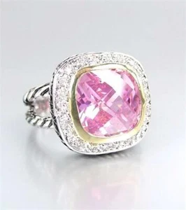 EXQUISITE 18kt Gold Plated Pink Topaz Crystal Antique Cable Square Cocktail Ring - Picture 1 of 3