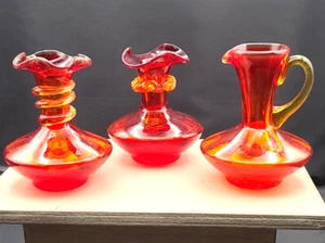Vtg Amberina Hand Blown Glass Vase (2) Ruffle Rim and Pitcher (1) Cadmium Read - Picture 1 of 10