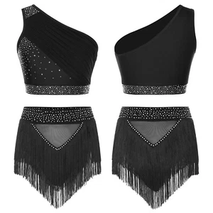 #S Women One Shoulder Rhinestone Dance Outfit Sleeveless Crop Top +Tassel Short - Picture 1 of 6
