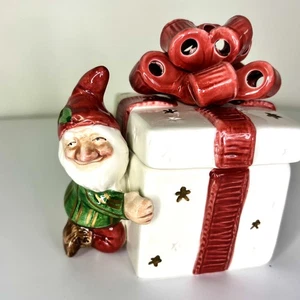 Elfi di Natale Fitz & Floyd 1992 vintage con regalo avvolto in scatola con fiocco rosso - Foto 1 di 6
