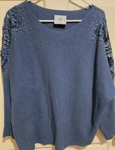 liv milano sweater XL Blue Dolman Sleeves Embellished Shoulders Open Lace... - Picture 1 of 5